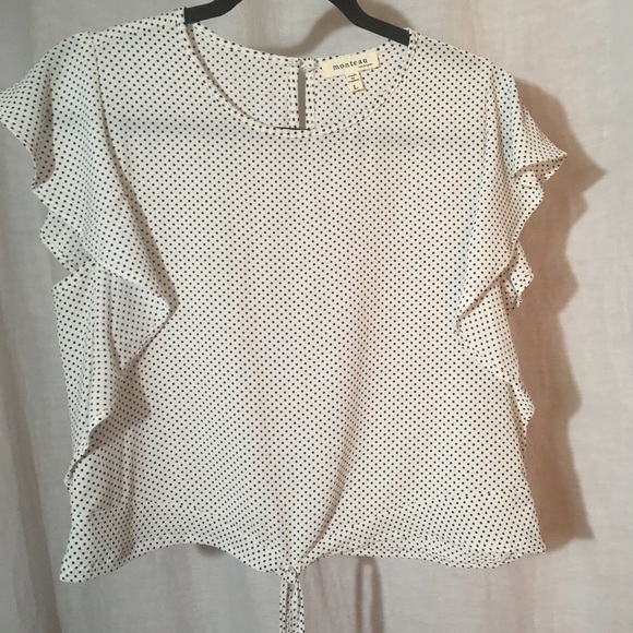 Flowy White Black Polka Dot Flutter Sleeve Top - Picture 1 of 7